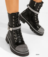 Botin negro apliques plateado correa suela 4cm  52022  C-45
