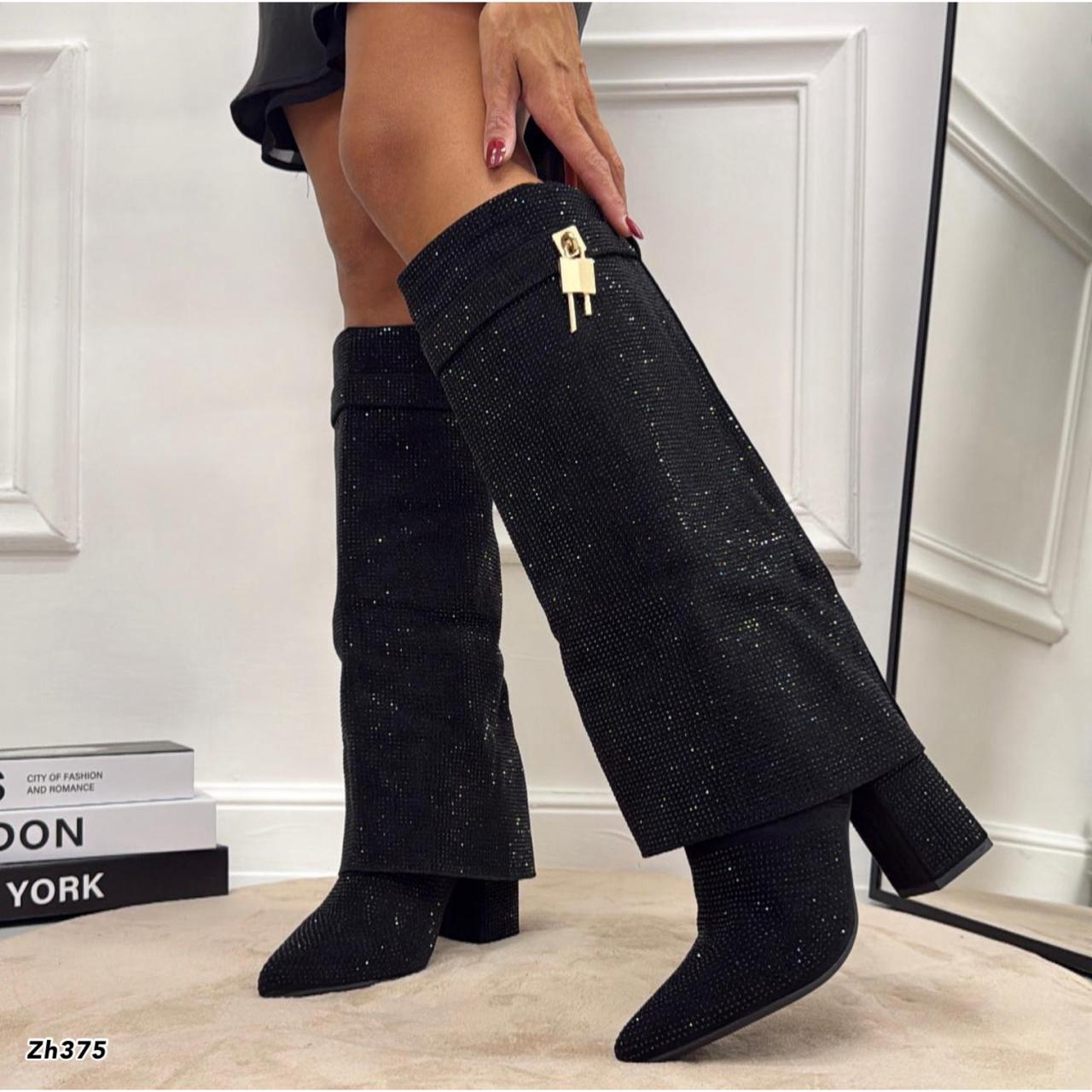 Bota caña alta negro doblez apliques brillantes tacon 10cm  G719  C-131