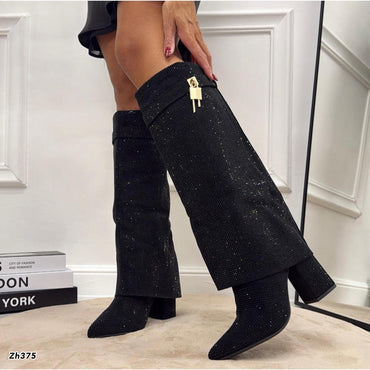 Bota caña alta negro doblez apliques brillantes tacon 10cm  G719  C-131
