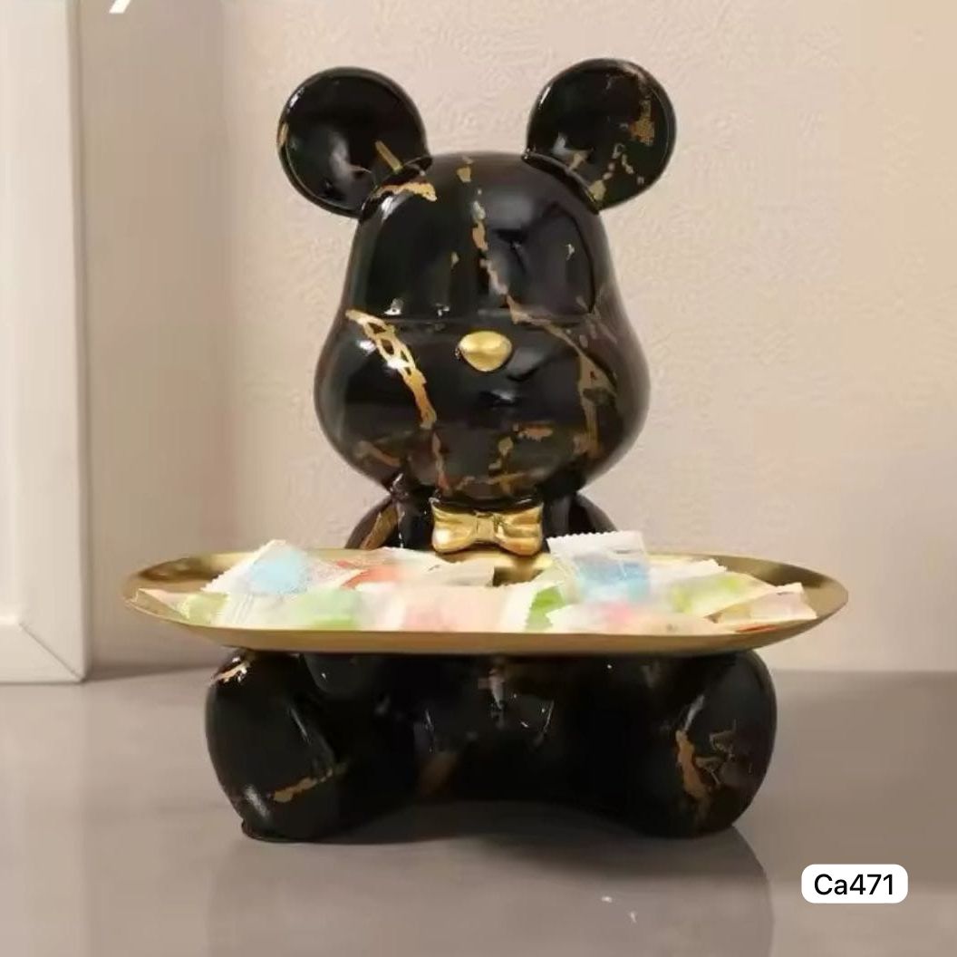 Articulo decorativo oso negro detalles dorado bandeja dorado  23cm* 19cm* 23cm