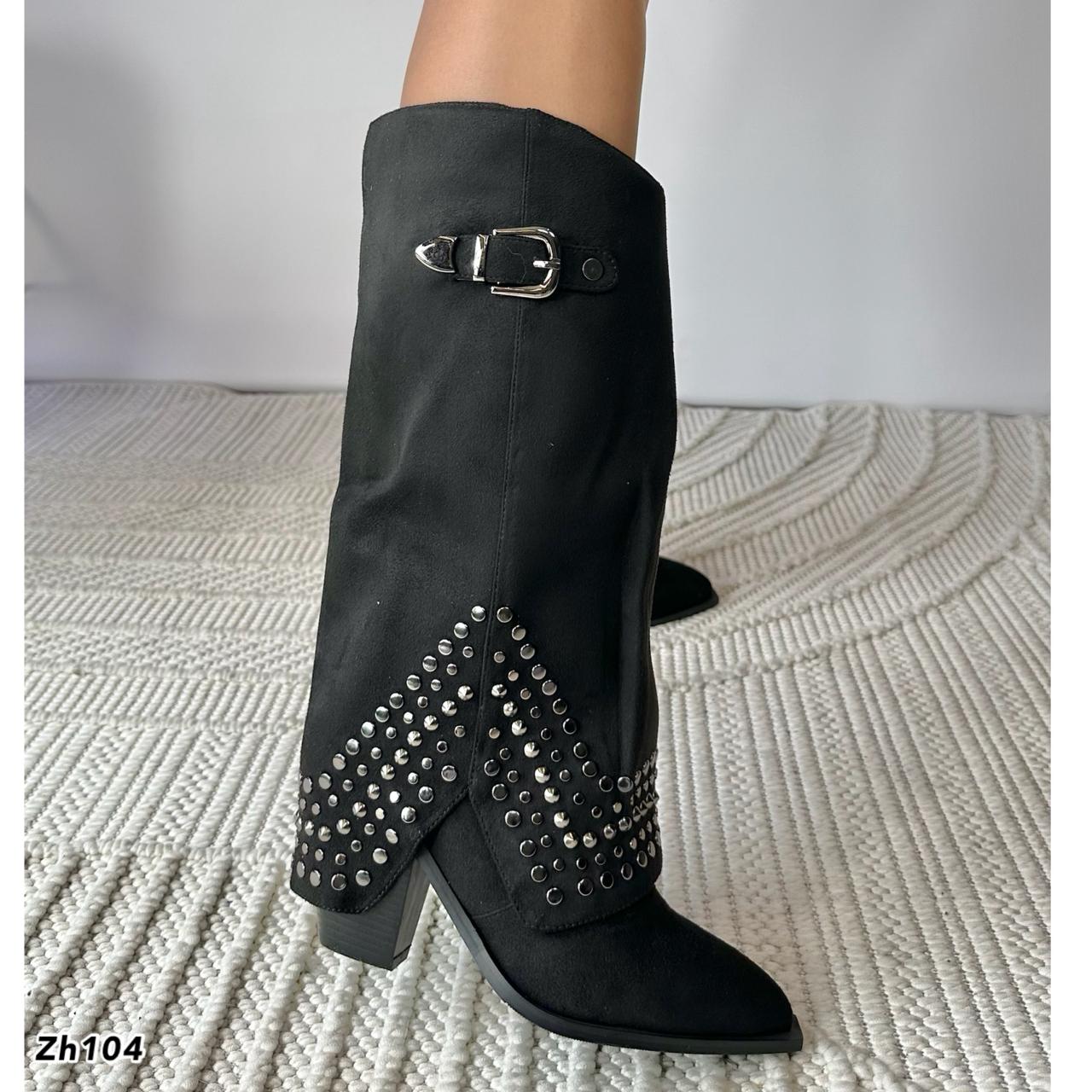 Bota texana negro doblez apliques plomo tacon 9cm  255-040