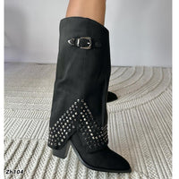 Bota texana negro doblez apliques plomo tacon 9cm  255-040