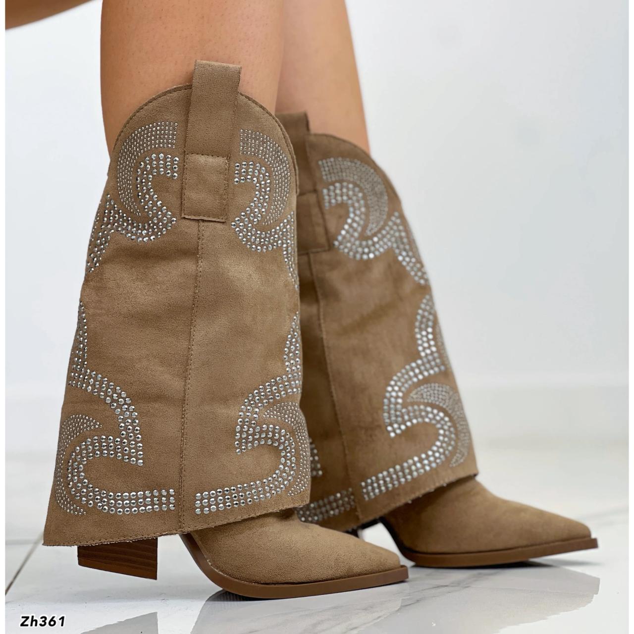 Bota texana beige doblez apliques plateado tacon  8cm  6895-PA  C-126