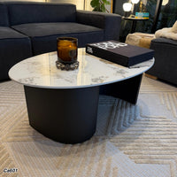 Mesa de centro piedra blanco con betas base metal negro 100cm* 60cm* 40cm