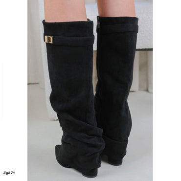 Bota caña alta negro doblez detalle dorado tacon 10cm  7665A-1  C-18