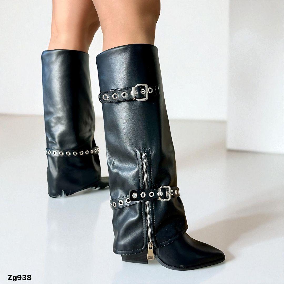 Bota texana negro doblez detalle correas y cierre plateado tacon 9cm  KF6  C-28