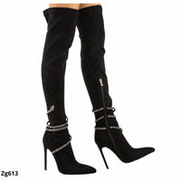 Bota caña alta negro aplique plateado brillante tacon 12cm  K115   C-80