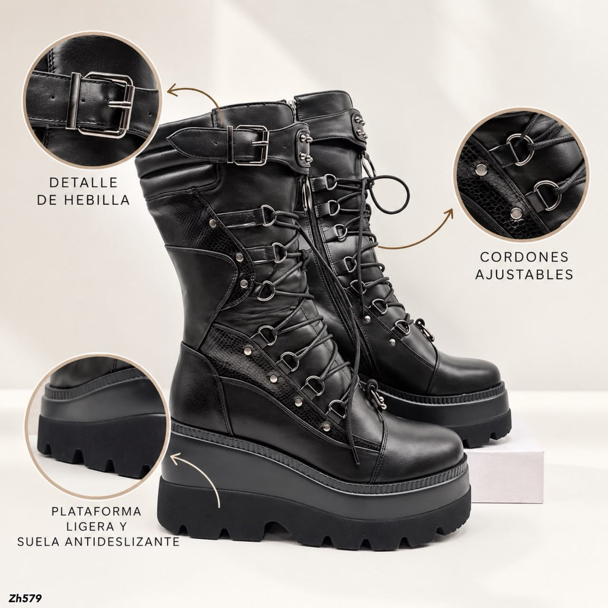 Bota negro detalle correa taches plomo plataforma 9cm   HX3351-B0198