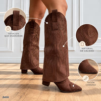 Bota caña alta café doblez apliques brillante tacon 7cm   HX3360-C1783