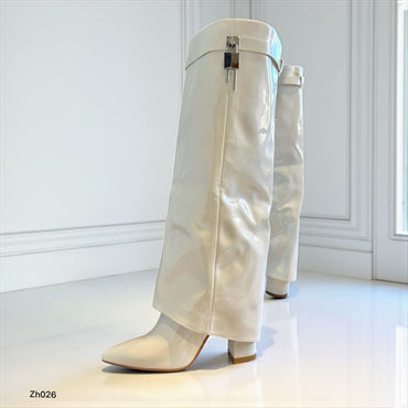 Bota caña alta blanco doblez detalle plateado tacon 10cm  255-003