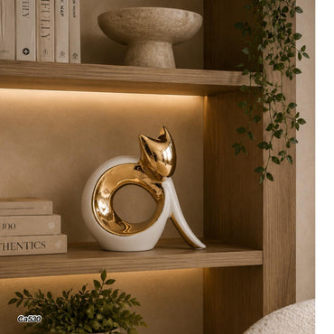 Articulo decorativo gato blanco con dorado diseño circulo  15,5cm* 6cm* 15cm
