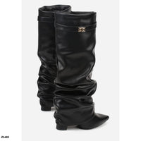 Bota caña alta negro doblez detalle dorado tacon 10cm  7665A  C-153