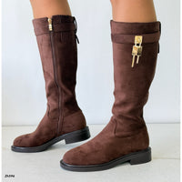 Bota caña alta café detalle dorado tacon 4cm   HX3373-C1799