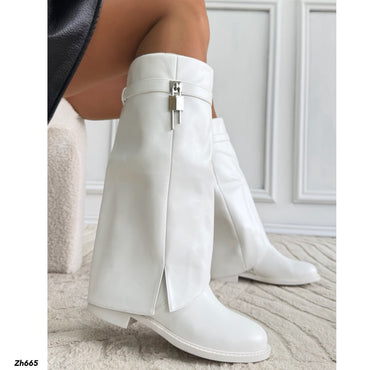Bota caña media blanco doblez detalle plateado suela 3cm  HX3422-C1860
