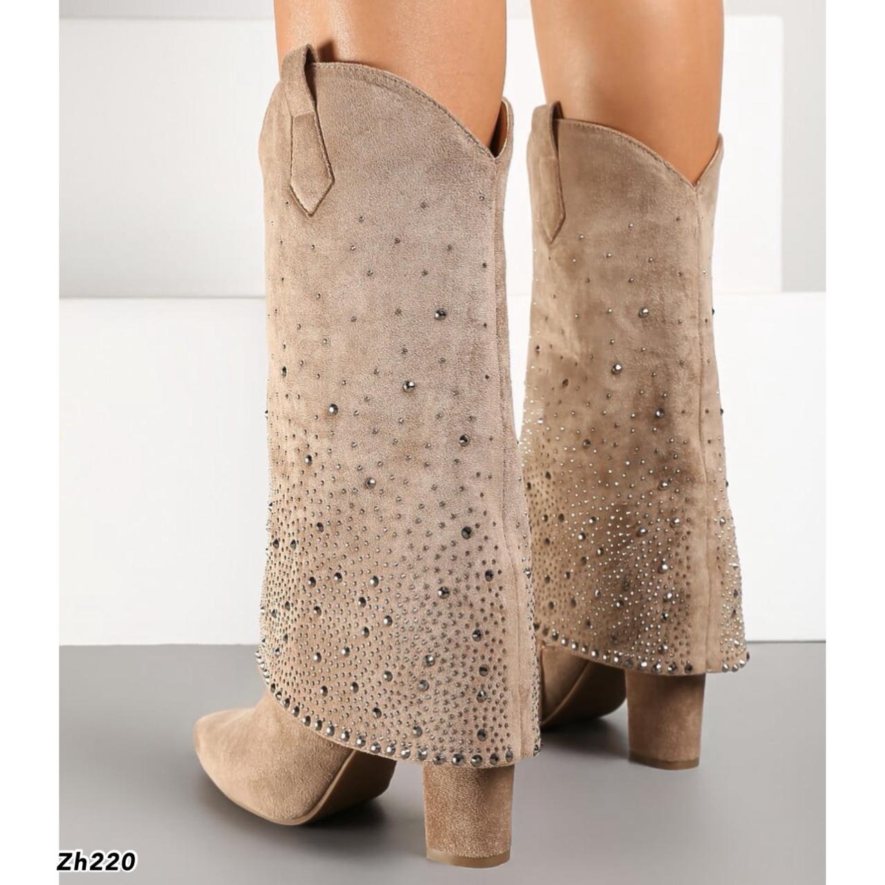 Bota beige doblez apliques brillantes tacon 10cm  MS1569  C-92