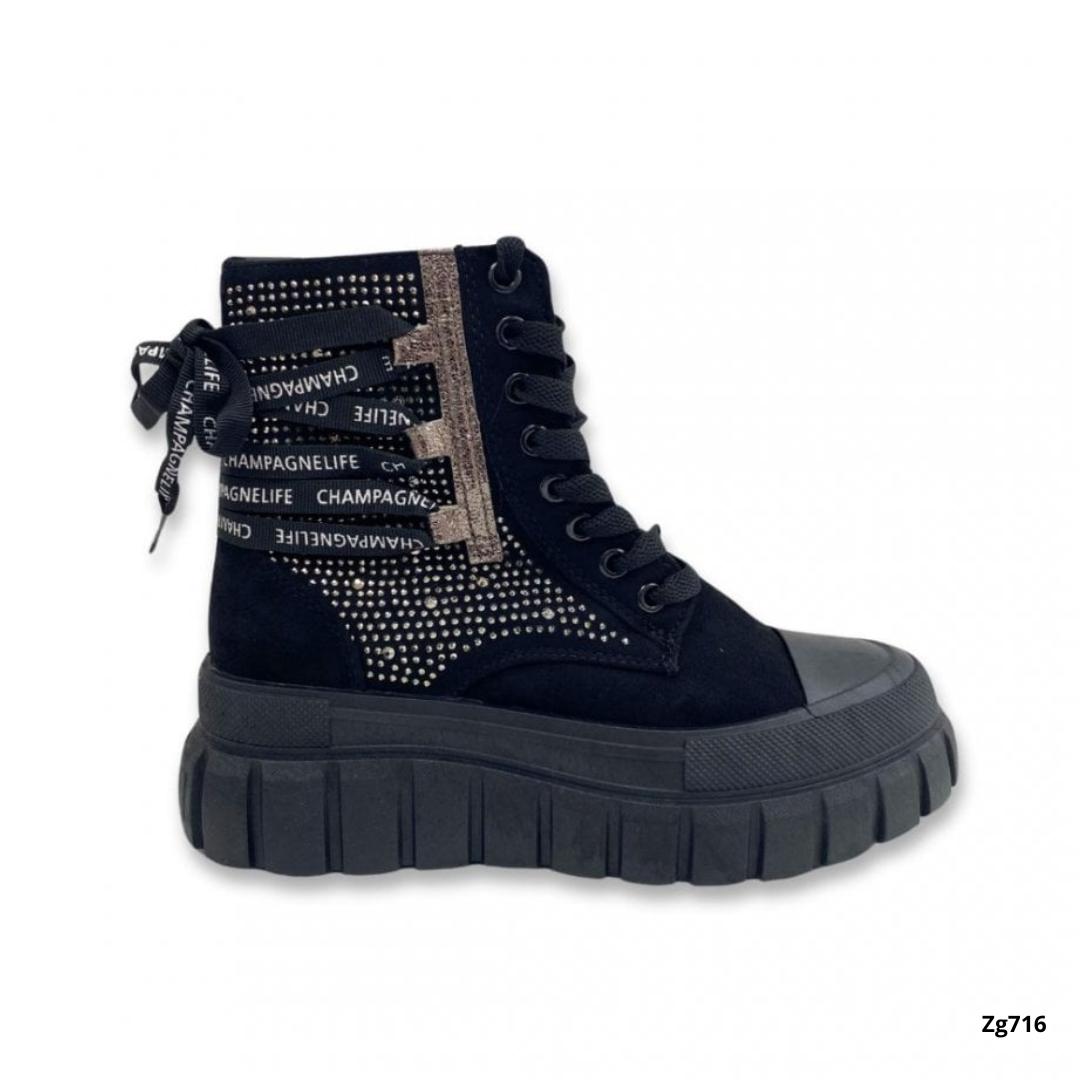Botin negro apliques brillantes suela 5cm EV-337  C-74