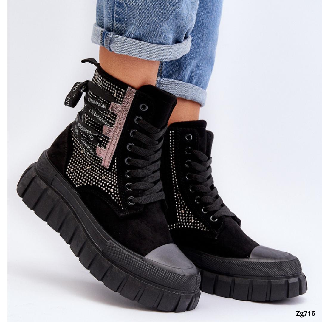 Botin negro apliques brillantes suela 5cm EV-337  C-74