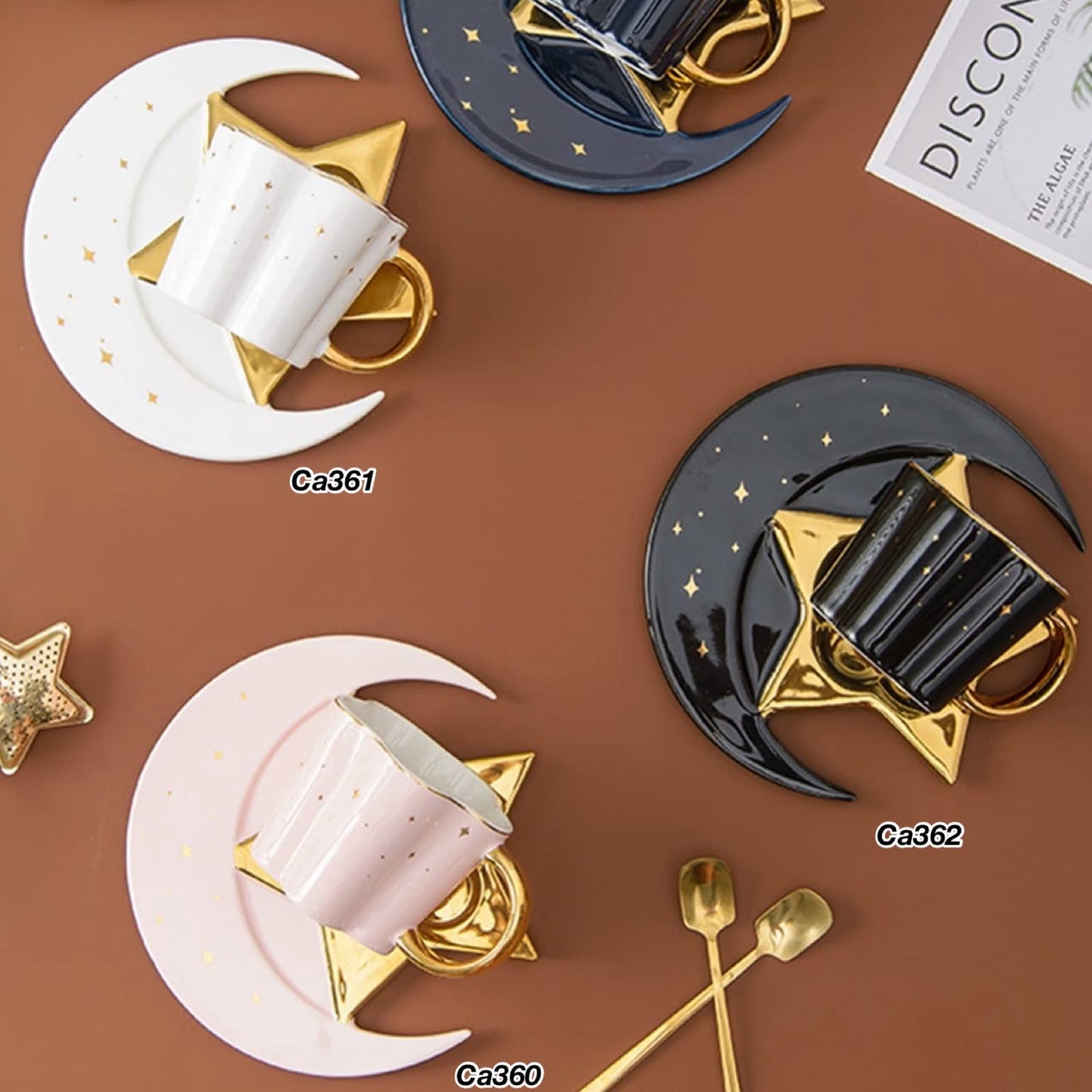 Taza plato luna rosado detalles dorado 120ml