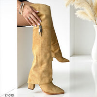 Bota caña alta beige doblez detalle plateado tacon 8cm   HX3076-B9422
