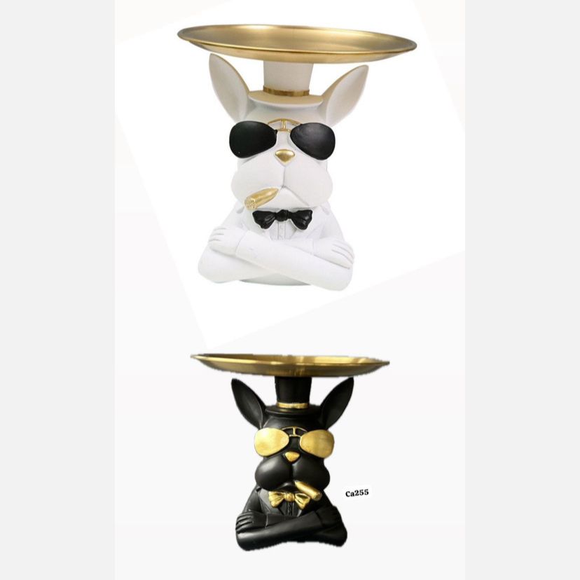 Articulo decorativo perro negro bandeja en la cabeza  17cm* 10cm* 18cm