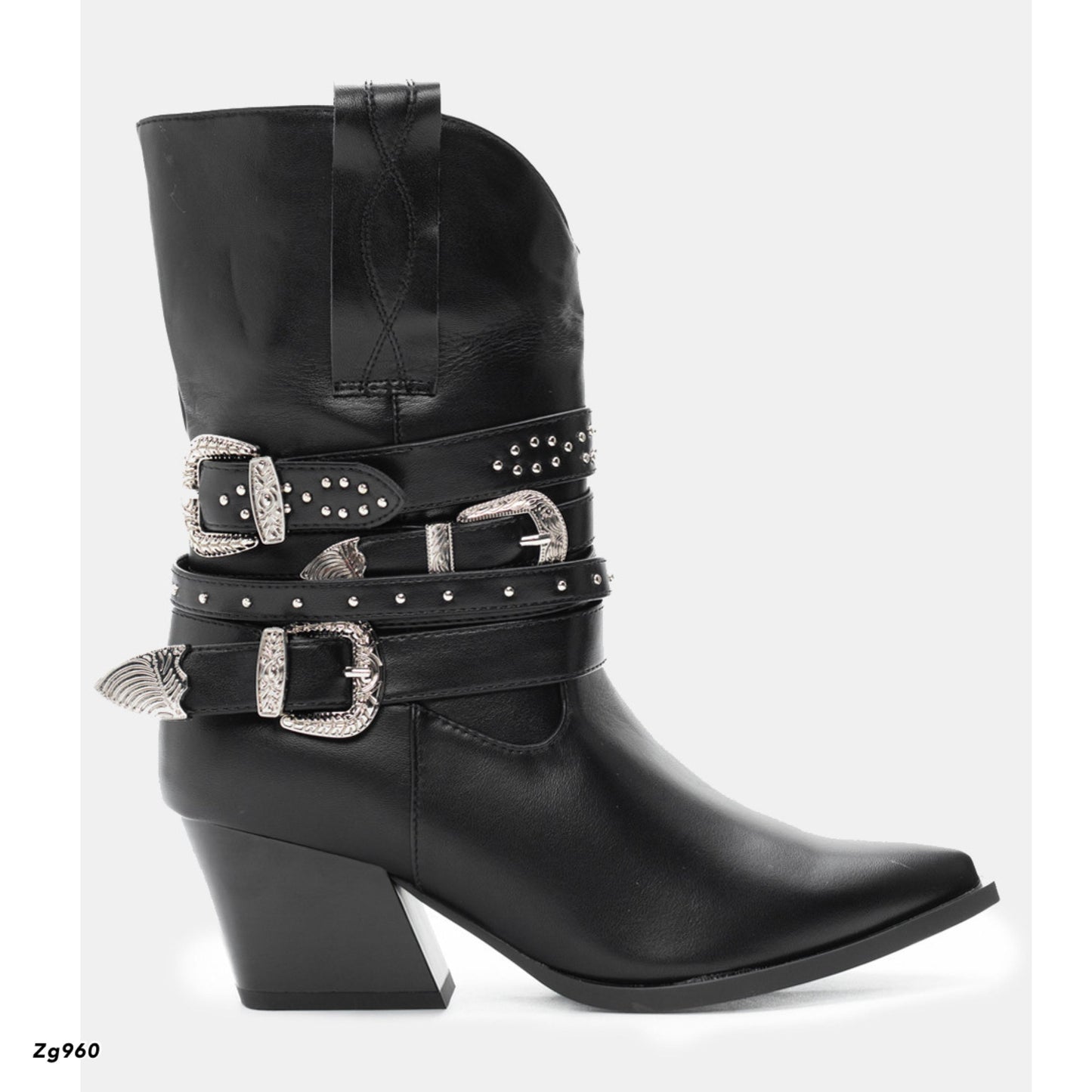 Botin texano negro correas apliques plateado tacon 7cm  255-018