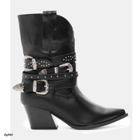 Botin texano negro correas apliques plateado tacon 7cm  255-018