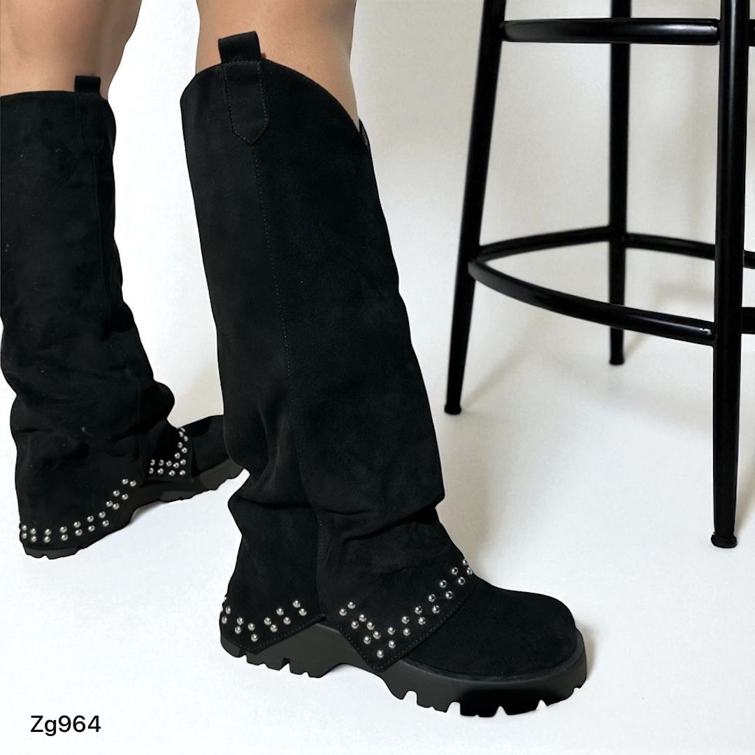Bota caña alta negro doblez apliques plateado suela 5cm  A9992  C-32