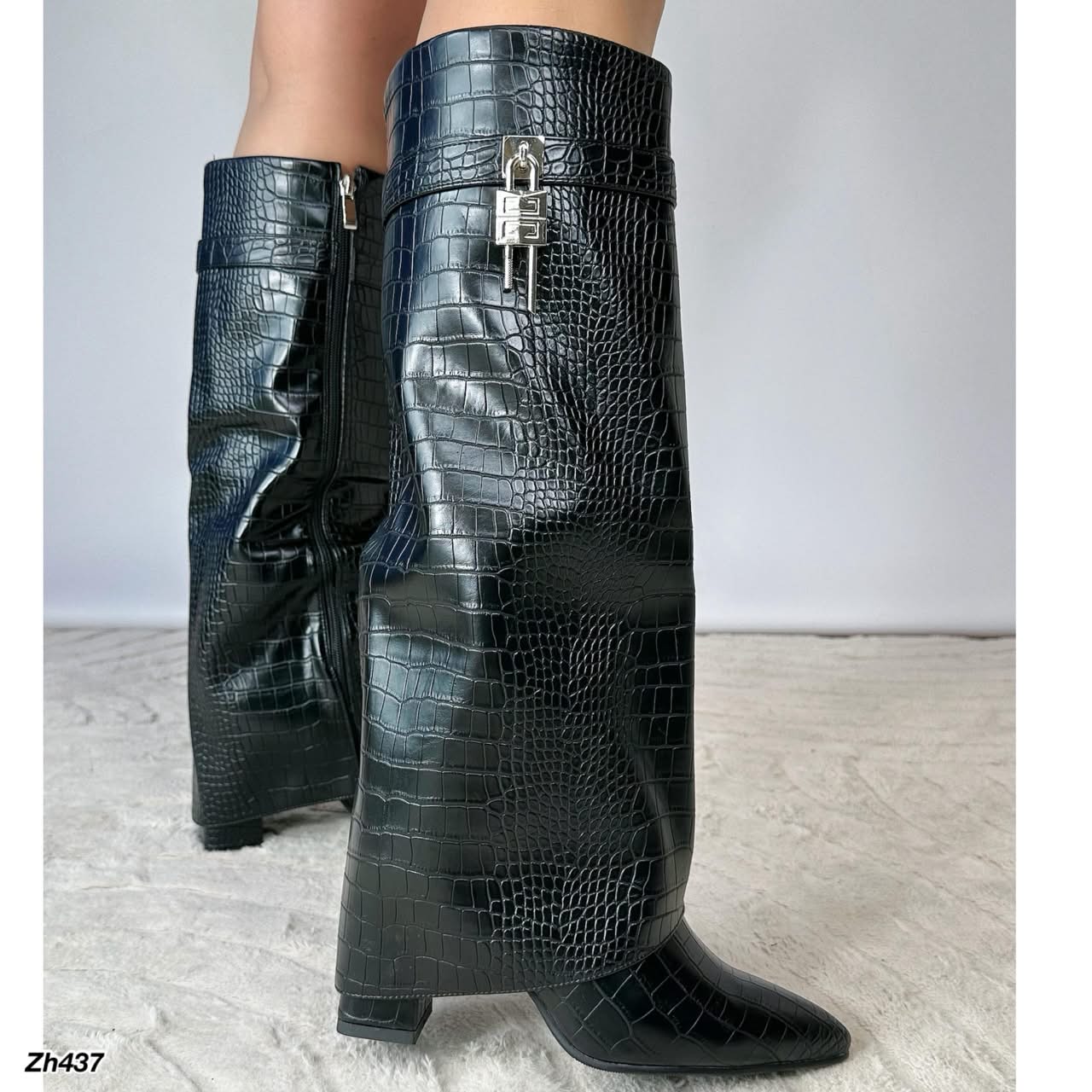 Bota caña alta negro textura doblez detalle plateado tacon 10cm  HX3079-B9527