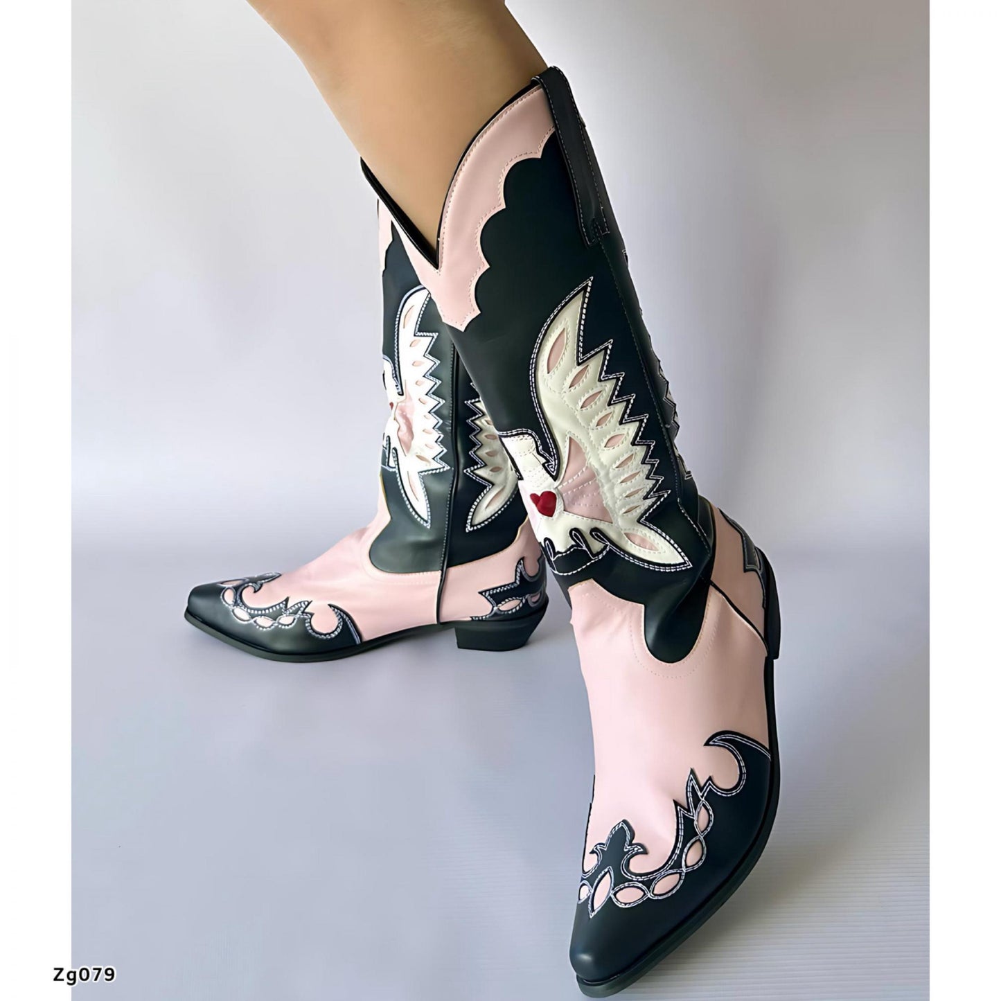 Bota texana negro detalles rosado tacon 3cm  BOT012C  C-1