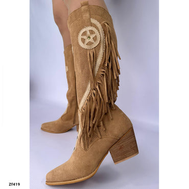 Bota caña alta texana café flecos tacon 6cm   YZ19-236   C14