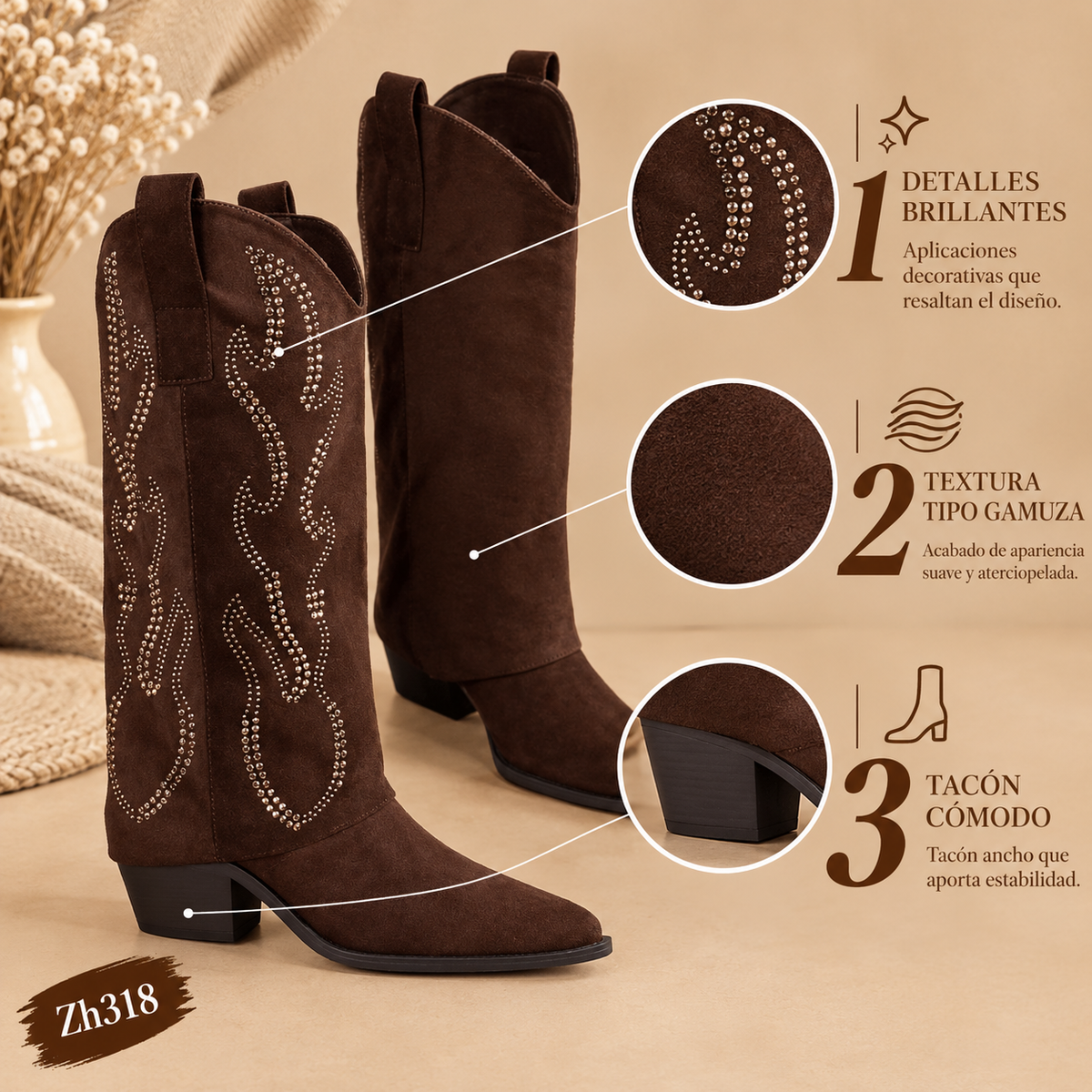 Bota texana café doblez apliques plateado tacon 6cm  M-825  C-125
