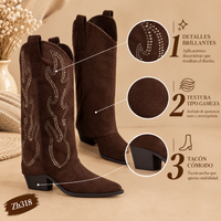 Bota texana café doblez apliques plateado tacon 6cm  M-825  C-125