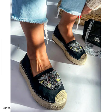 Baleta negro apliques brillantes suela yute 4cm  W272  C-92