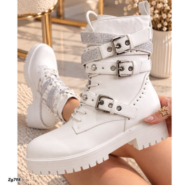 Botin blanco correas apliques plateado brillante suela 4cm  IS14-071