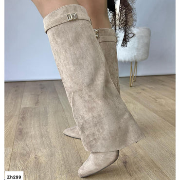 Bota caña alta beige doblez detalle dorado tacon 9cm  52201   C - 103