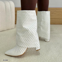 Botin blanco doblez malla apliques brillante tacon 9cm   255-022