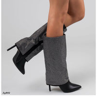 Bota caña alta negro doblez apliques plateados tacon puntilla 10cm  BFJ8396   C-21