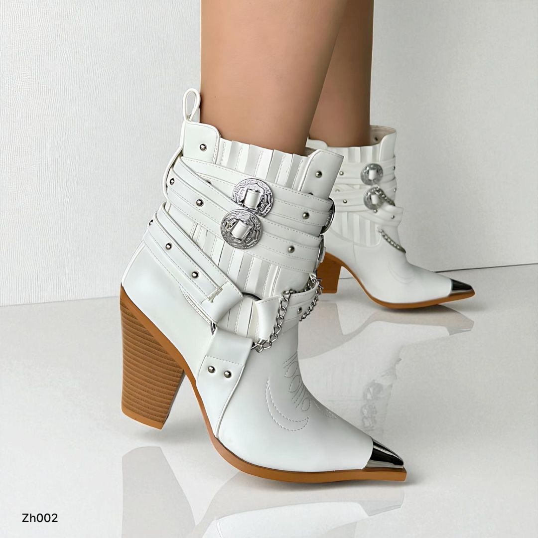 Botin texano blanco correas y cadena plateado tacon 10cm  HX3088-C1080