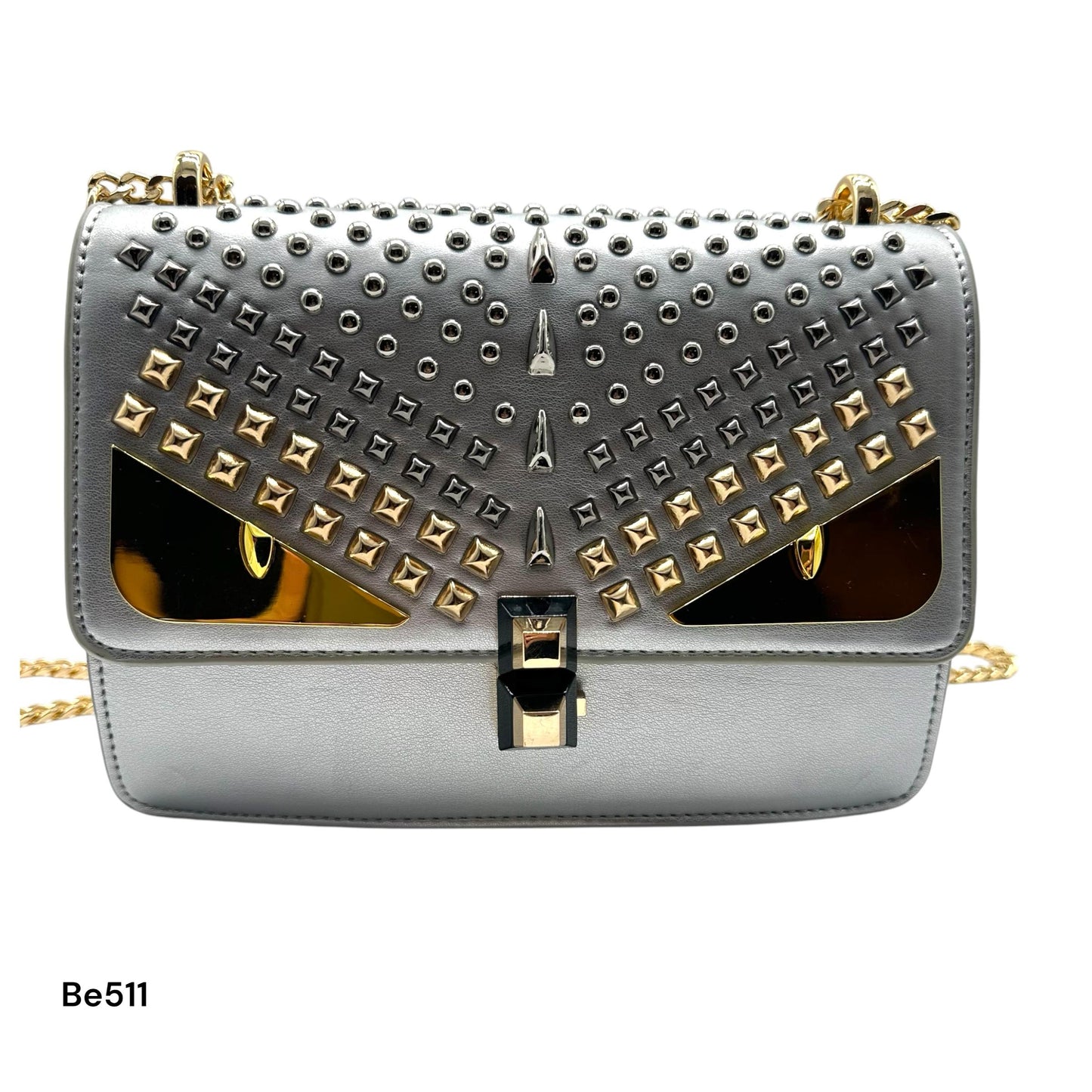 Bolso plateado apliques plateado ojos y cadena dorado  22cm* 9cm* 17cm  C- 23196-1