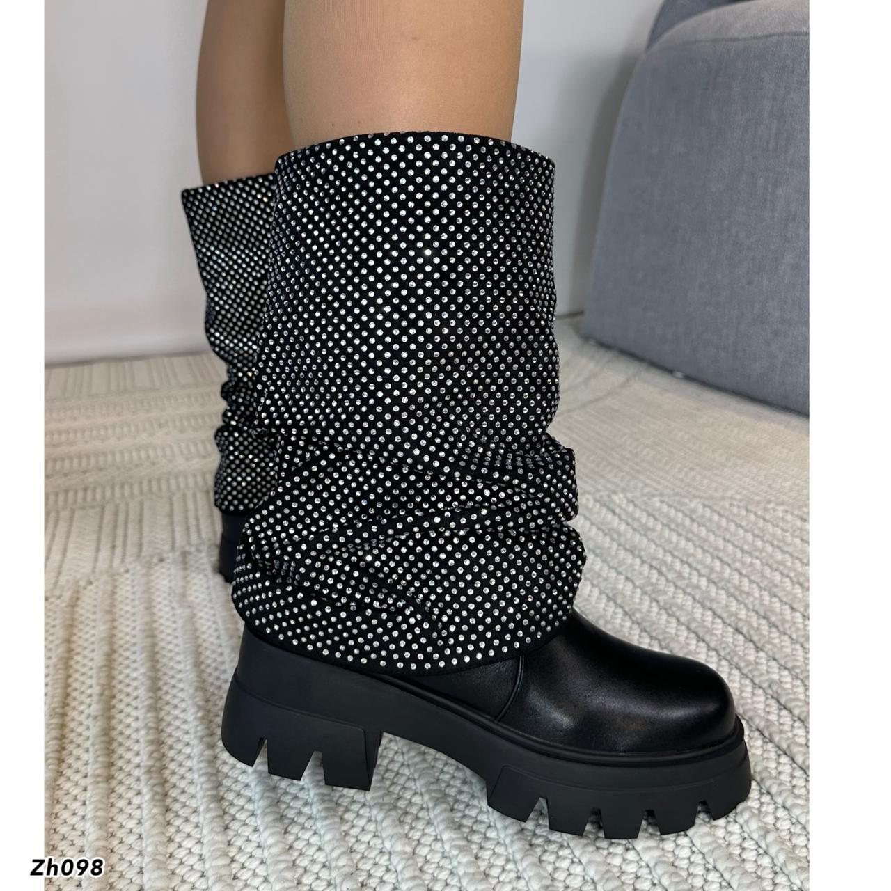 Bota caña media negro doblez apliques brillantes suela 6cm  255-114