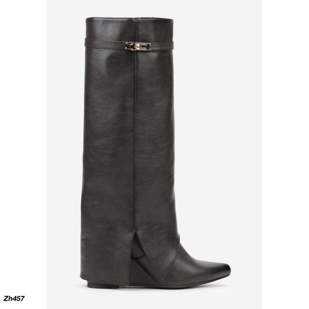 Bota caña alta café doblez detalle dorado tacon corrido 8cm  AC8B-X24229-17  C-147
