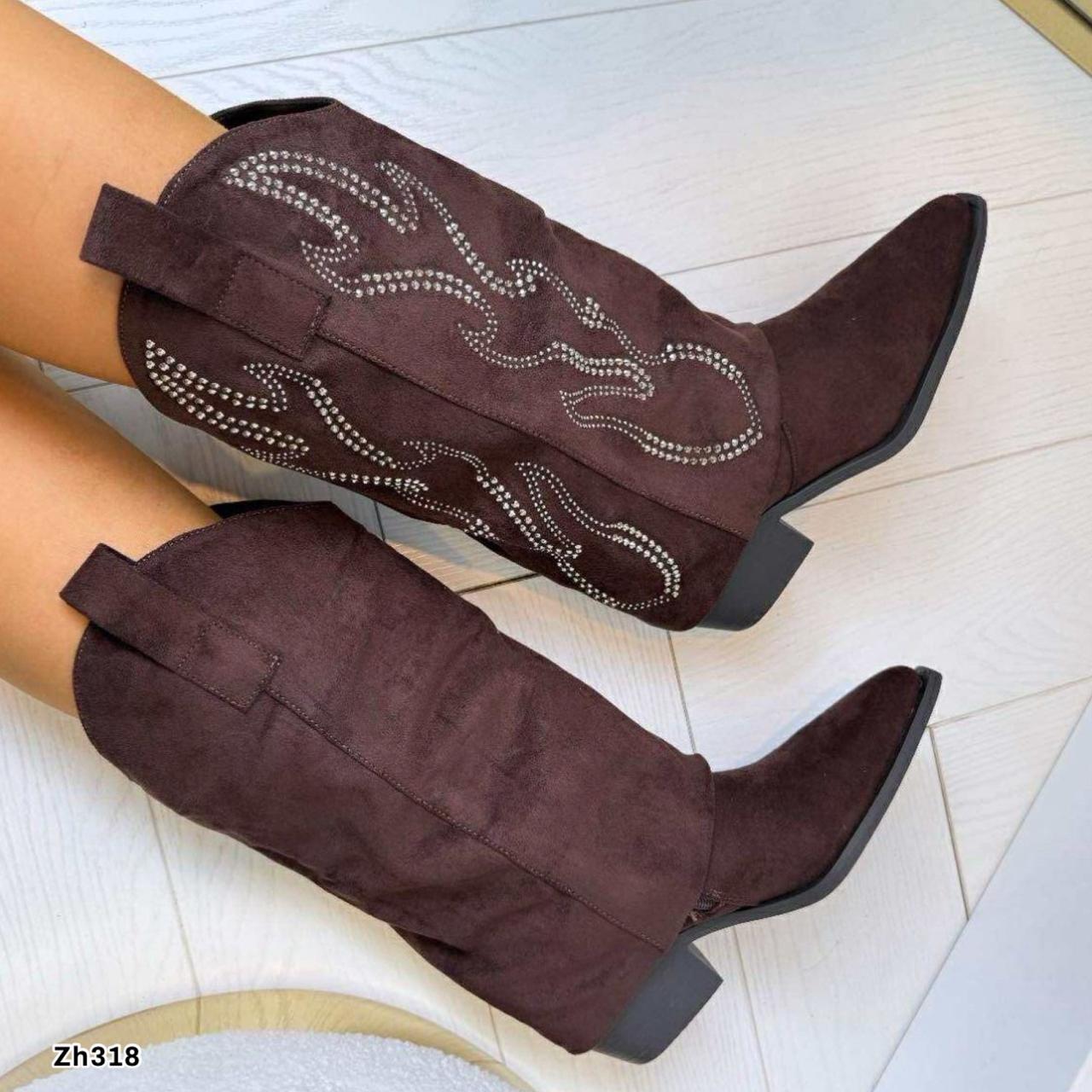 Bota texana café doblez apliques plateado tacon 6cm  M-825  C-125