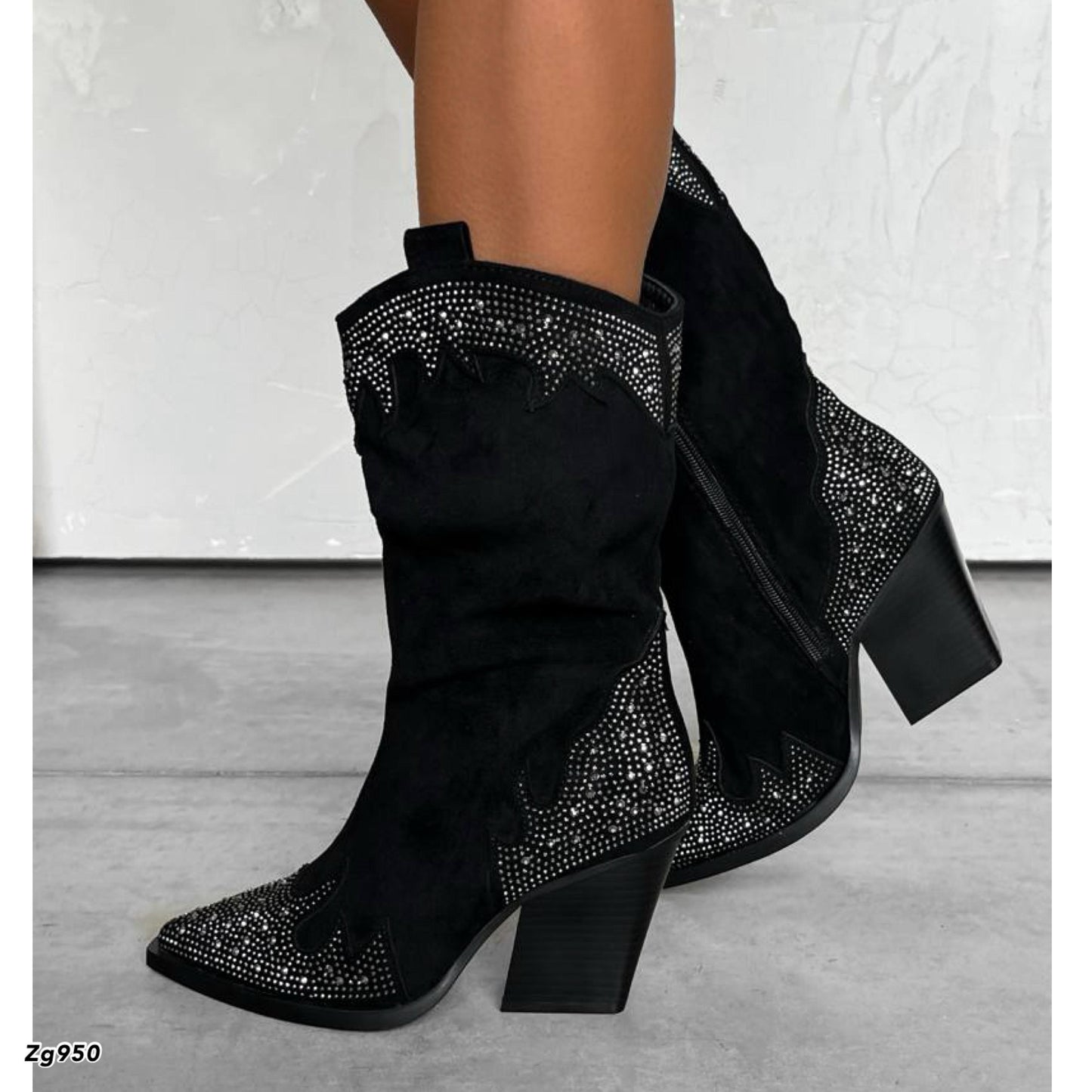 Botin texano negro apliques plateado tacon 7cm   255-011