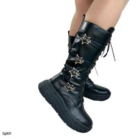 Bota caña alta negro correas estrella plateado suela 5cm  IS14-039
