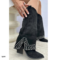 Bota texano negro doblez apliques plateado tacon 8cm  A9612  C-3