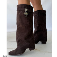 Bota caña alta café doblez detalle plateado tacon 9cm  HX3278-C1668