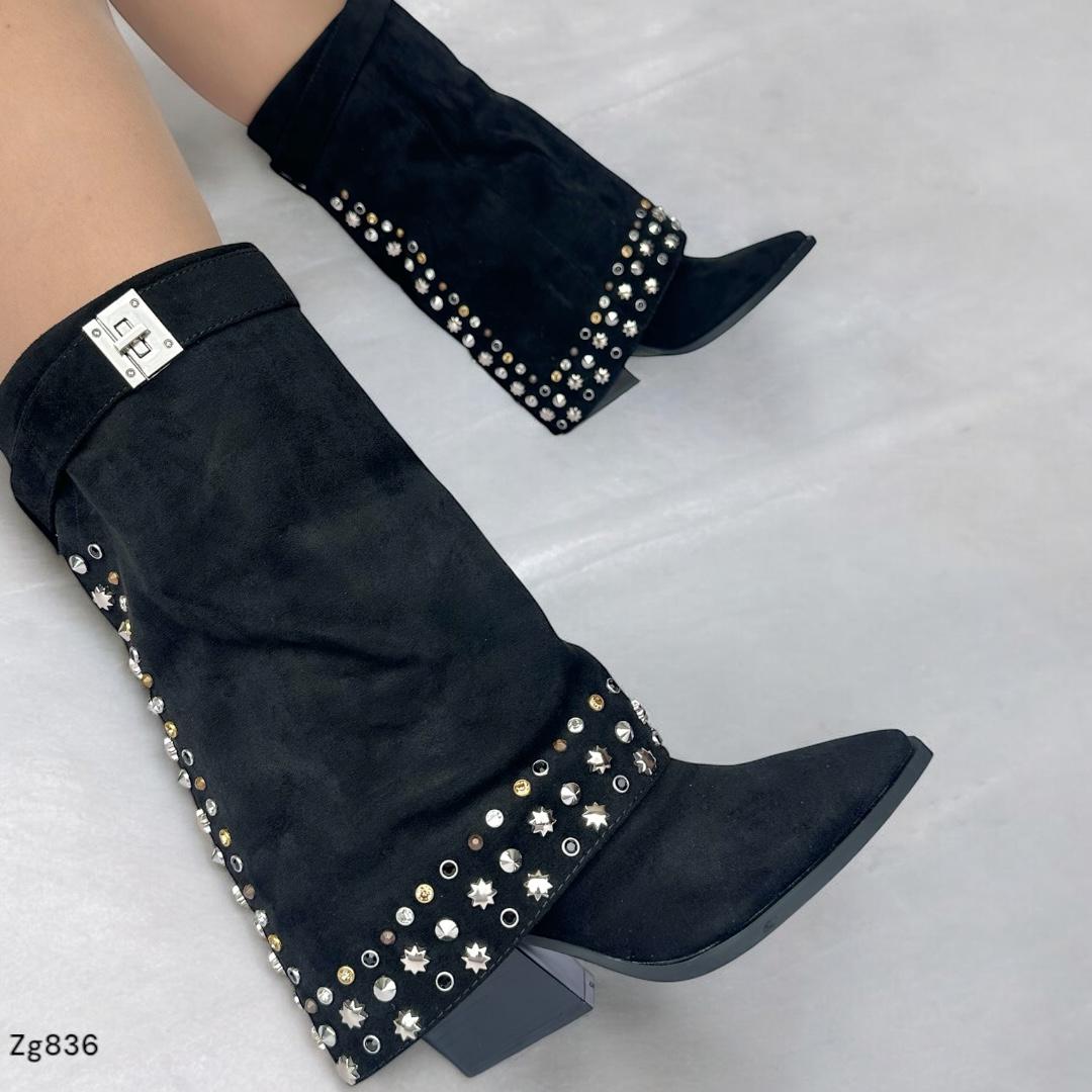 Bota negro caña media doblez apliques plateado tacon 8cm  A9595  C-3