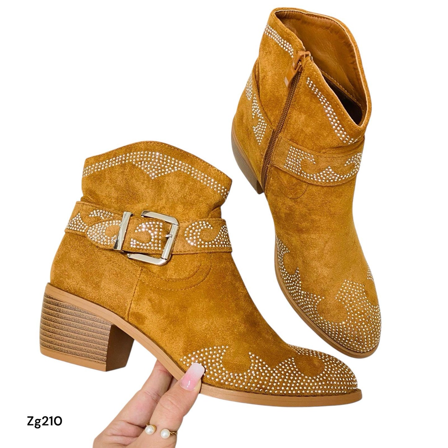 Botin cafe apliques brillantes tacon 5cm  A9537  C-13