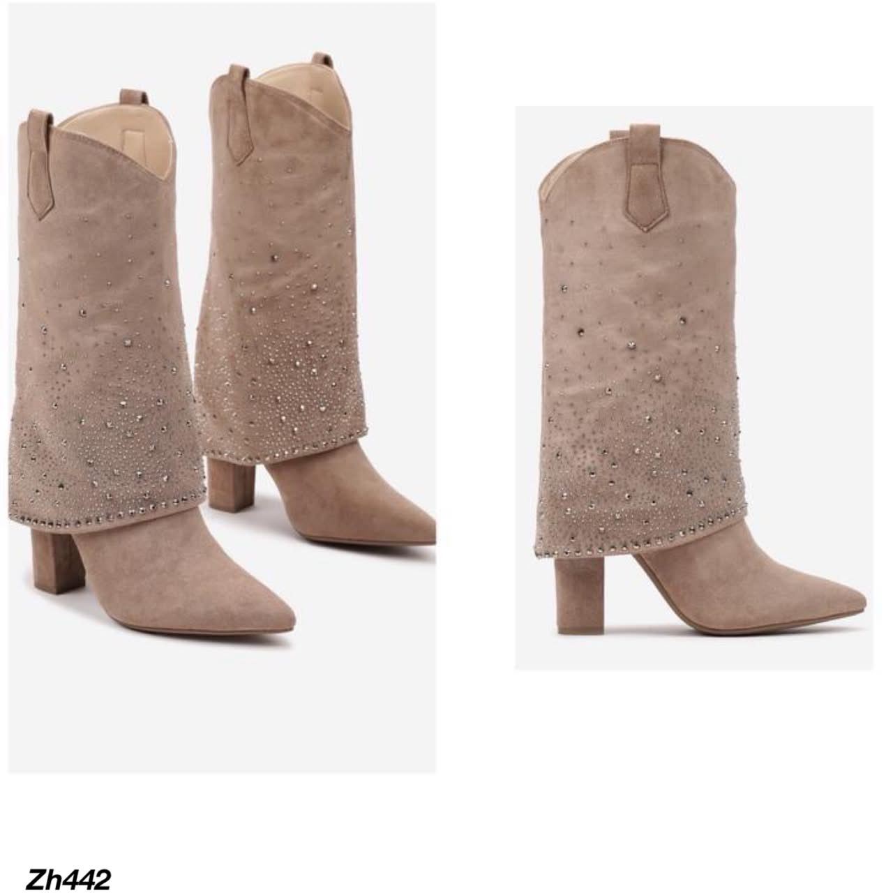 Bota texana beige doblez apliques plateado brillantes tacon 10cm  HX3079-B0137