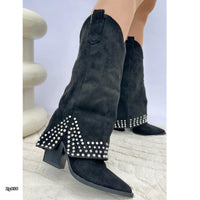 Bota texano negro doblez apliques plateado tacon 8cm  A9612  C-3